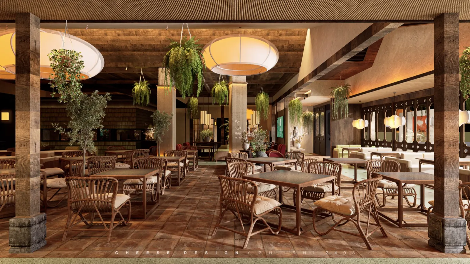 大厅效果图 - 藤椅用餐区